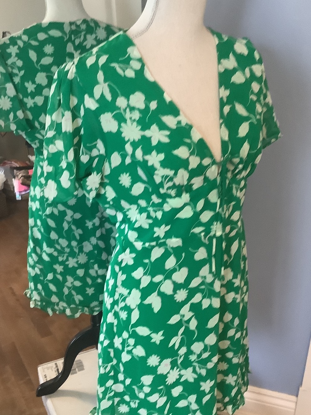Mango Green Floral V-Neck Dress